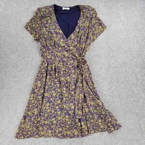 Melloday Womens Wrap Dress S Purple Yellow Floral Tie Waist Short Sleeve Mini